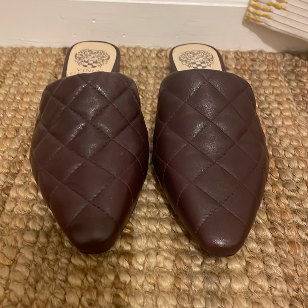 Vince Camuto dark burgundy leather quilted slides, low heel. Size 6.5